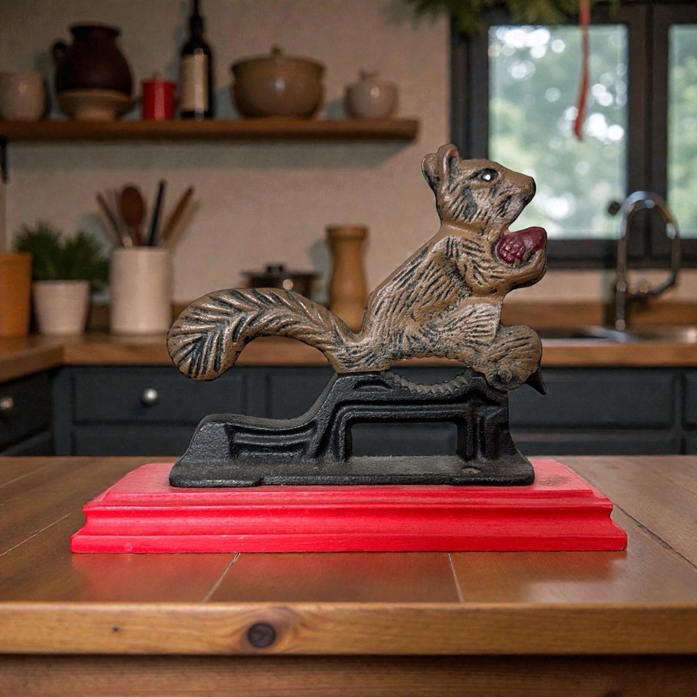 Vintage cast iron squirrel nutcracker on wood base, Whimsical Rustic Charm